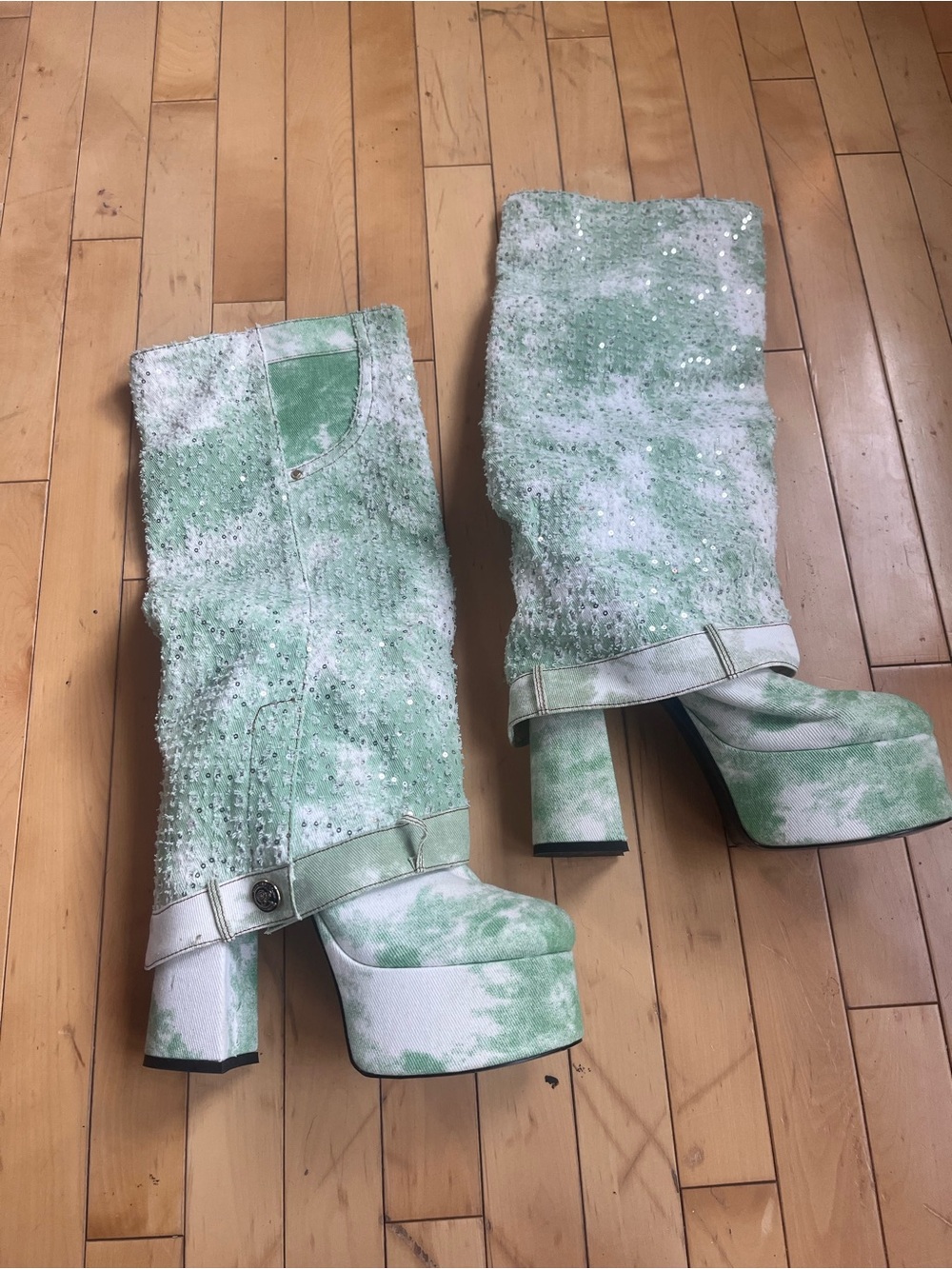 Women’s Green Tie-Dye Over-the-Knee Platform Boots